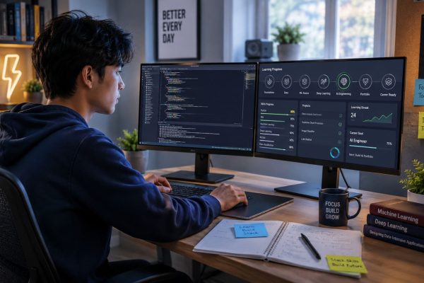 a college student reviewing code and data dashboards