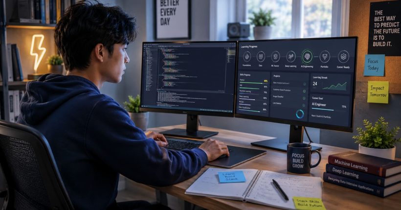 a college student reviewing code and data dashboards