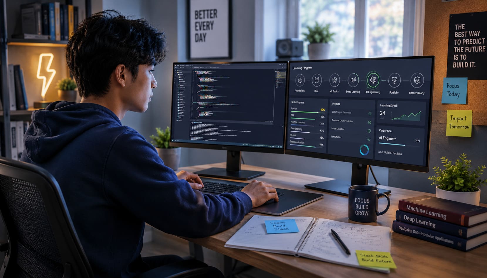 a college student reviewing code and data dashboards