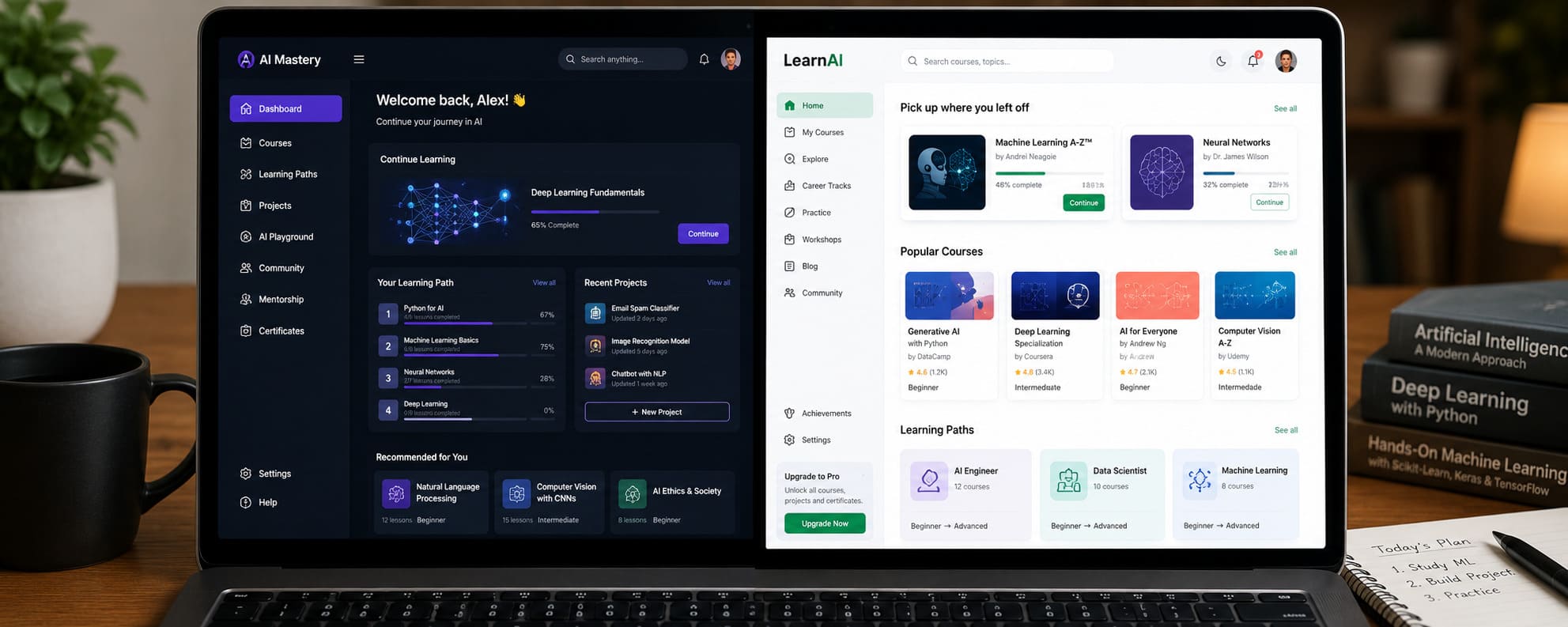 Multiple AI education platform interfaces shown on a laptop screen