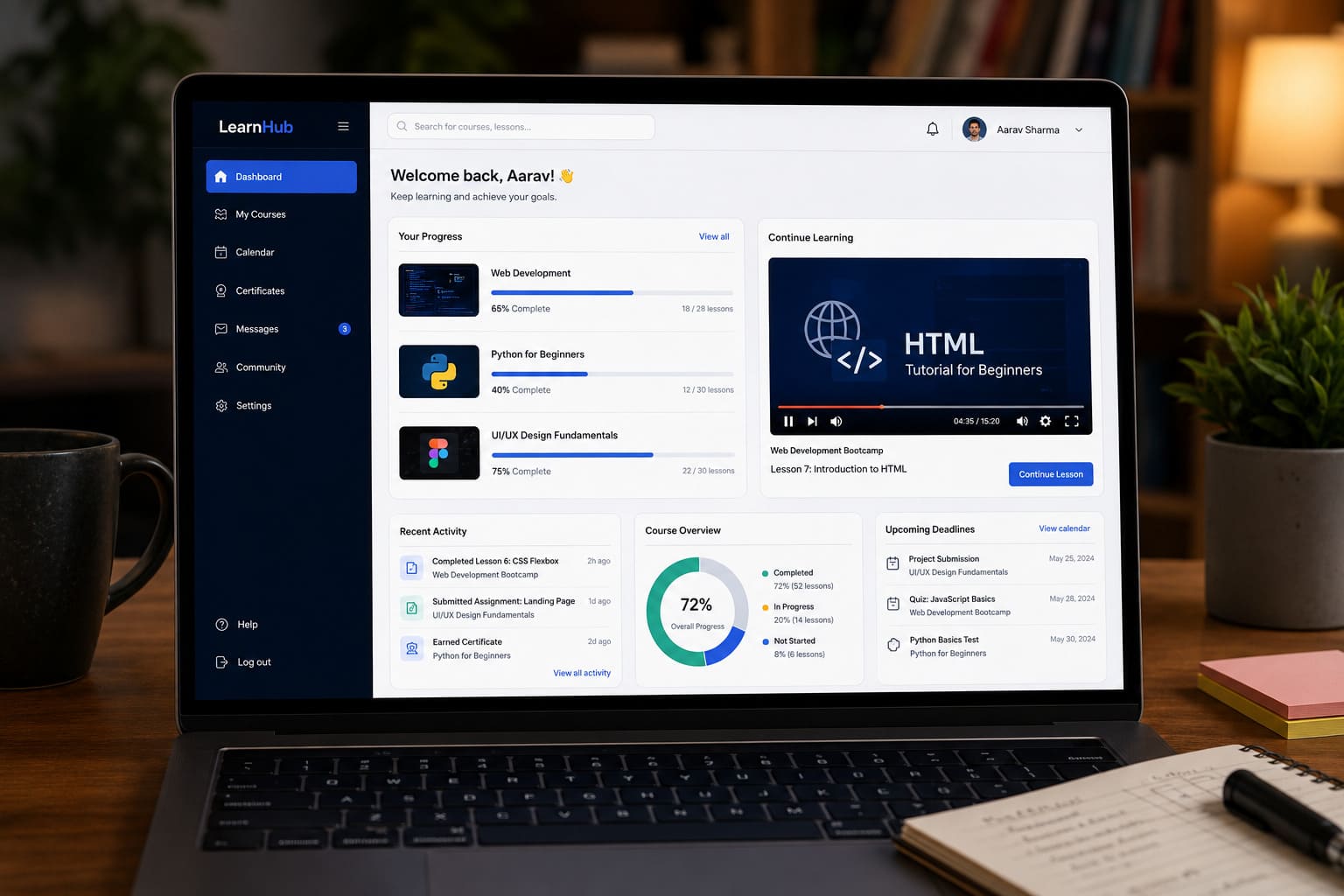 Online course dashboard on a laptop screen showing course progress