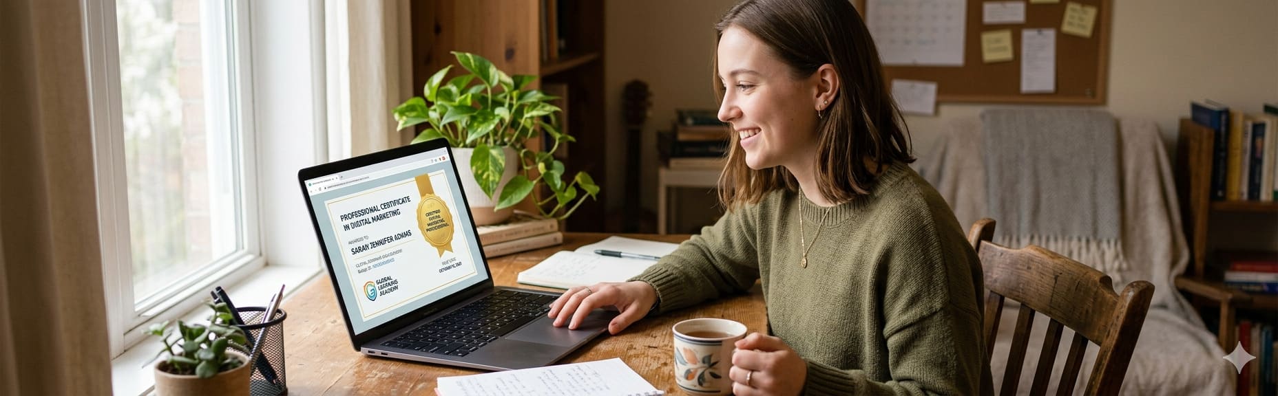 College student reviewing a digital certificate on a laptop