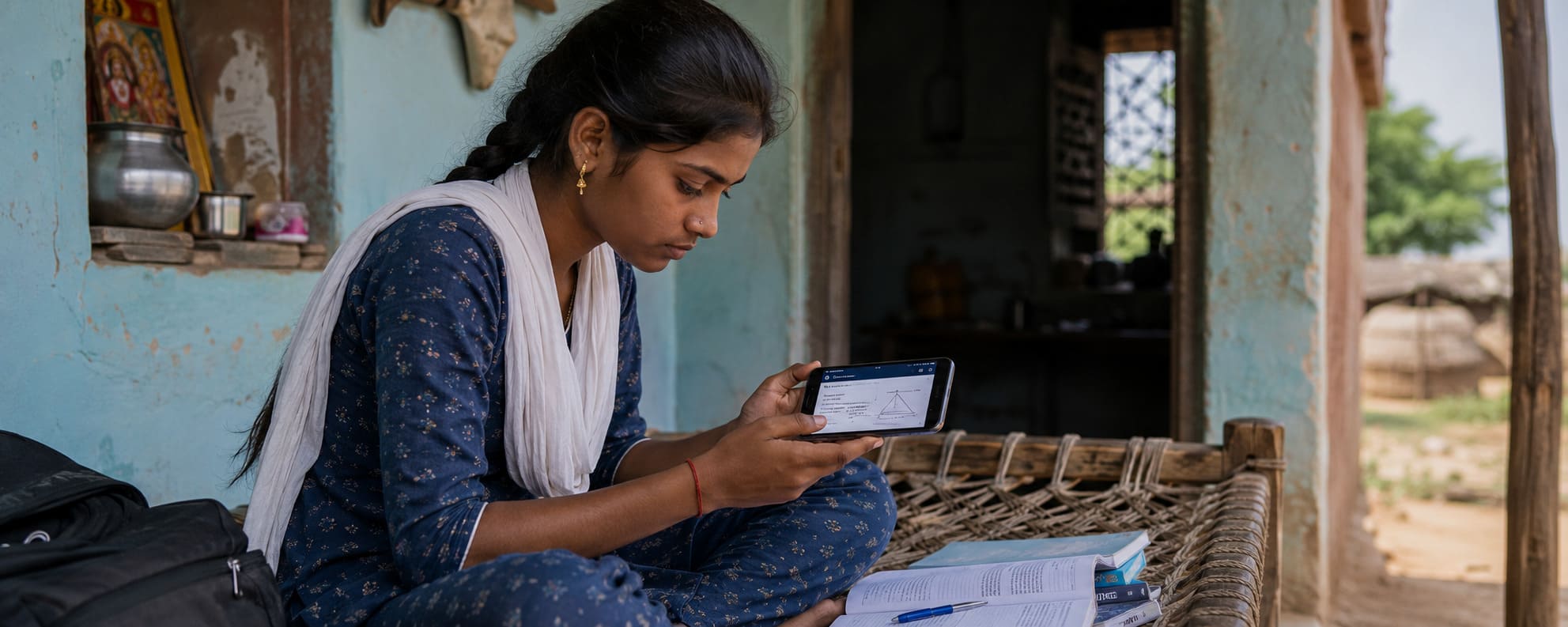 Student in a low-resource environment studying on a mobile device