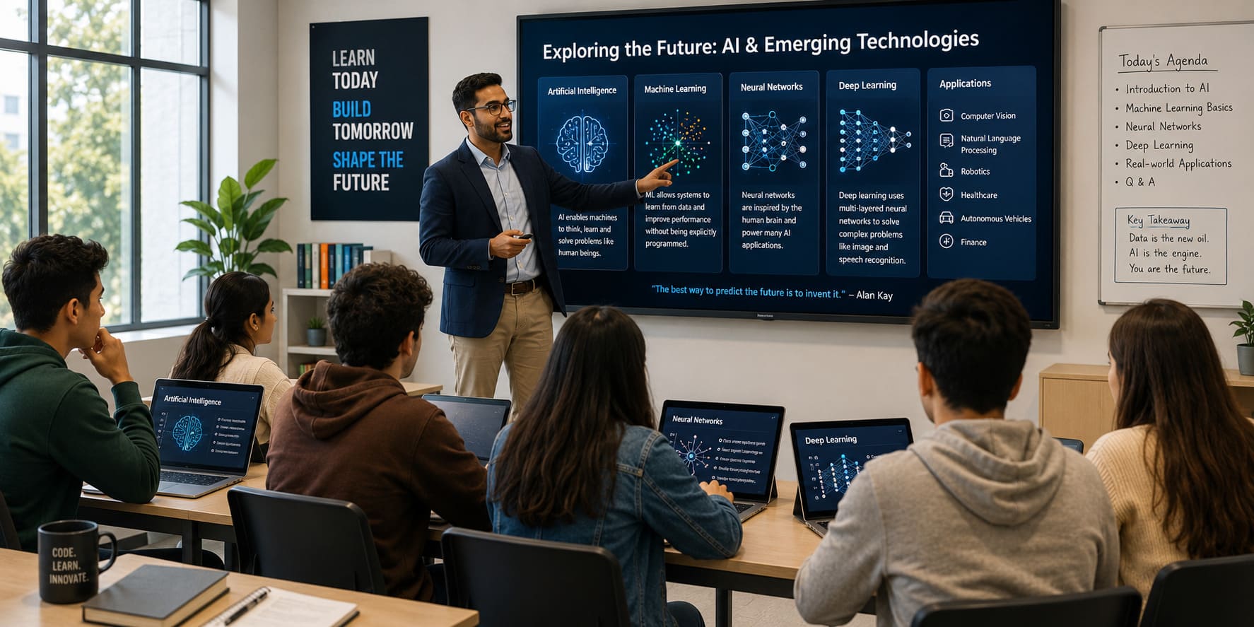Teacher with students using AI-powered tablets in a modern classroom