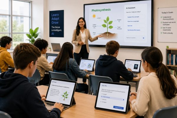 A teacher with students using ai powered tablets and laptops