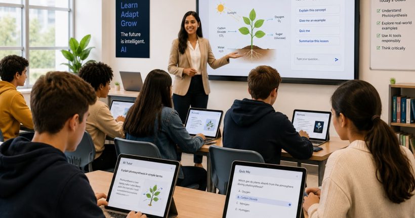 A teacher with students using ai powered tablets and laptops