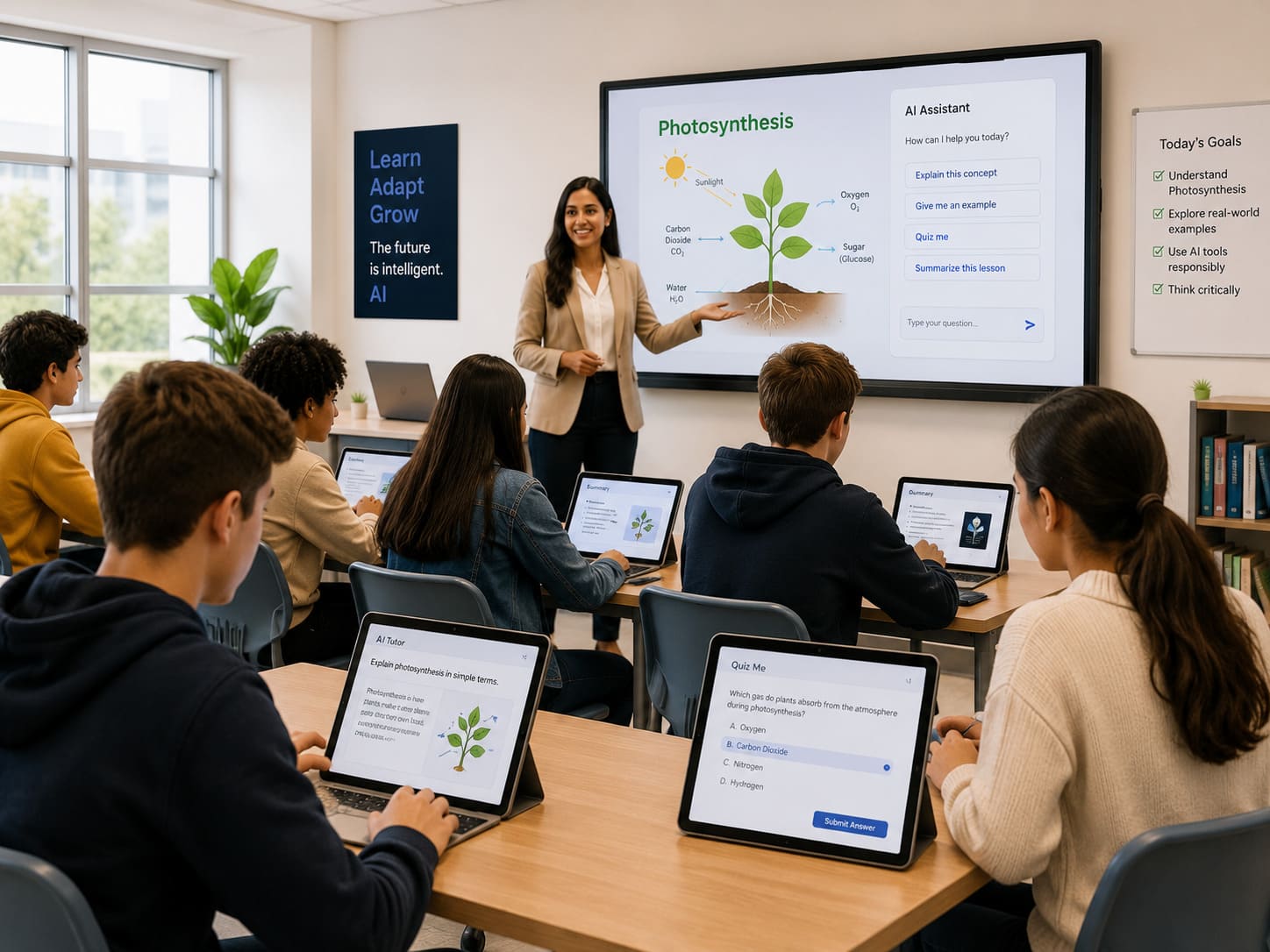 A teacher with students using ai powered tablets and laptops