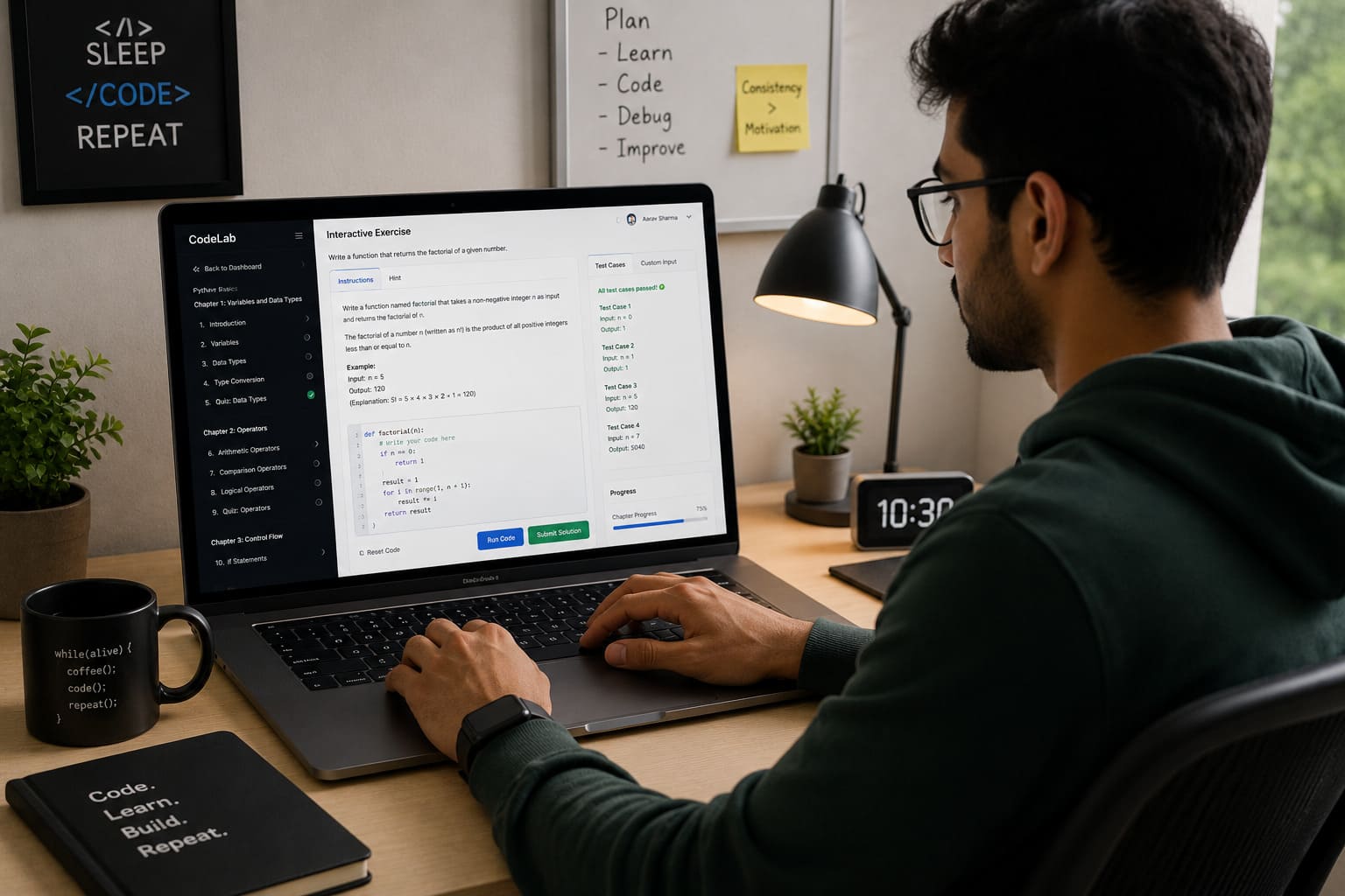 Young professional completing an online coding course at a desk