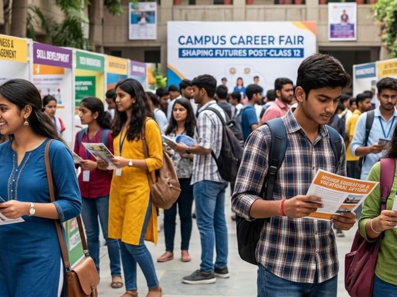 Diverse Indian students at a campus career fair after 12th
