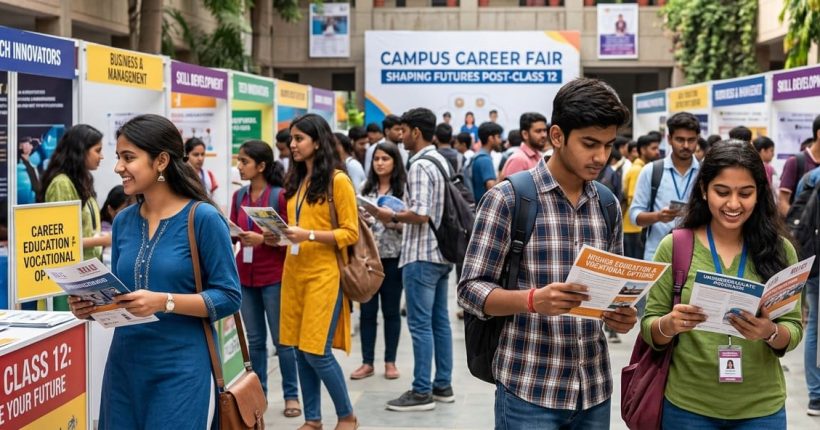 Diverse Indian students at a campus career fair after 12th