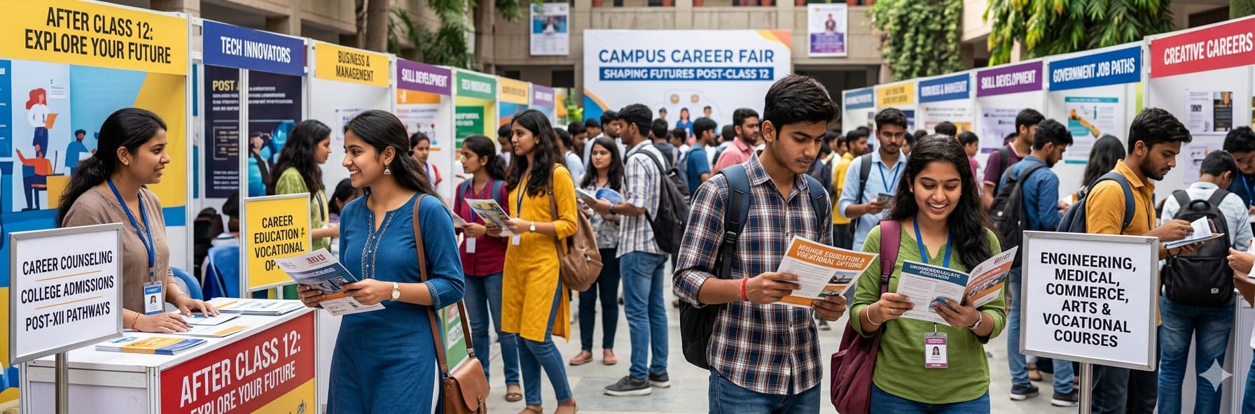 Diverse Indian students at a campus career fair after 12th