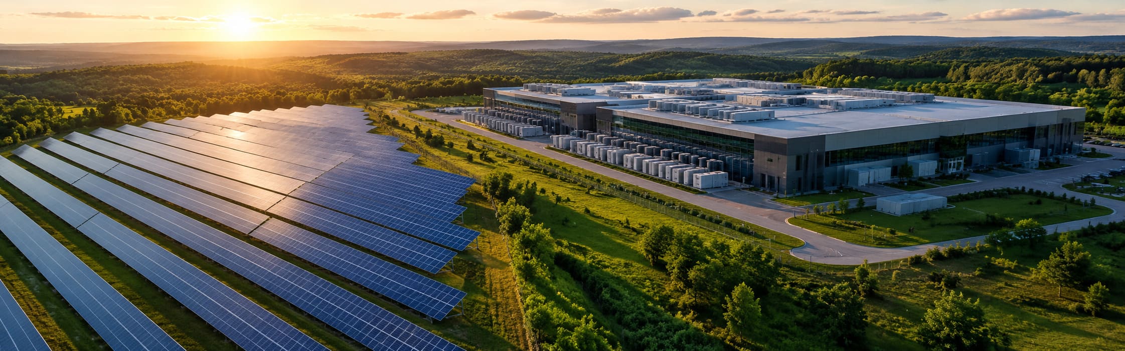 solar farm next to a large modern data center
